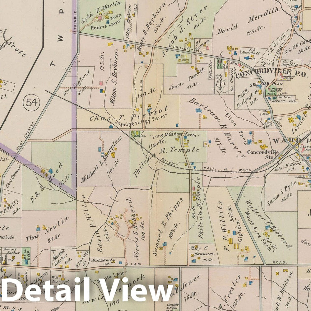 Historic Map : Atlas of Delaware County, West of Ridley Creek, Vol. Two, Concord 1913 Plate 052 , Vintage Wall Art