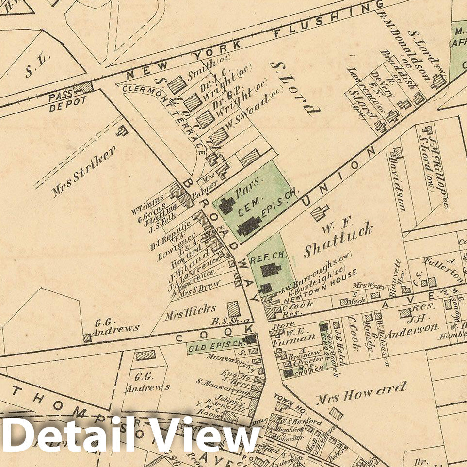 Historic Map : Atlas of Long Island, New York, Newtown & Queens 1873 , Vintage Wall Art