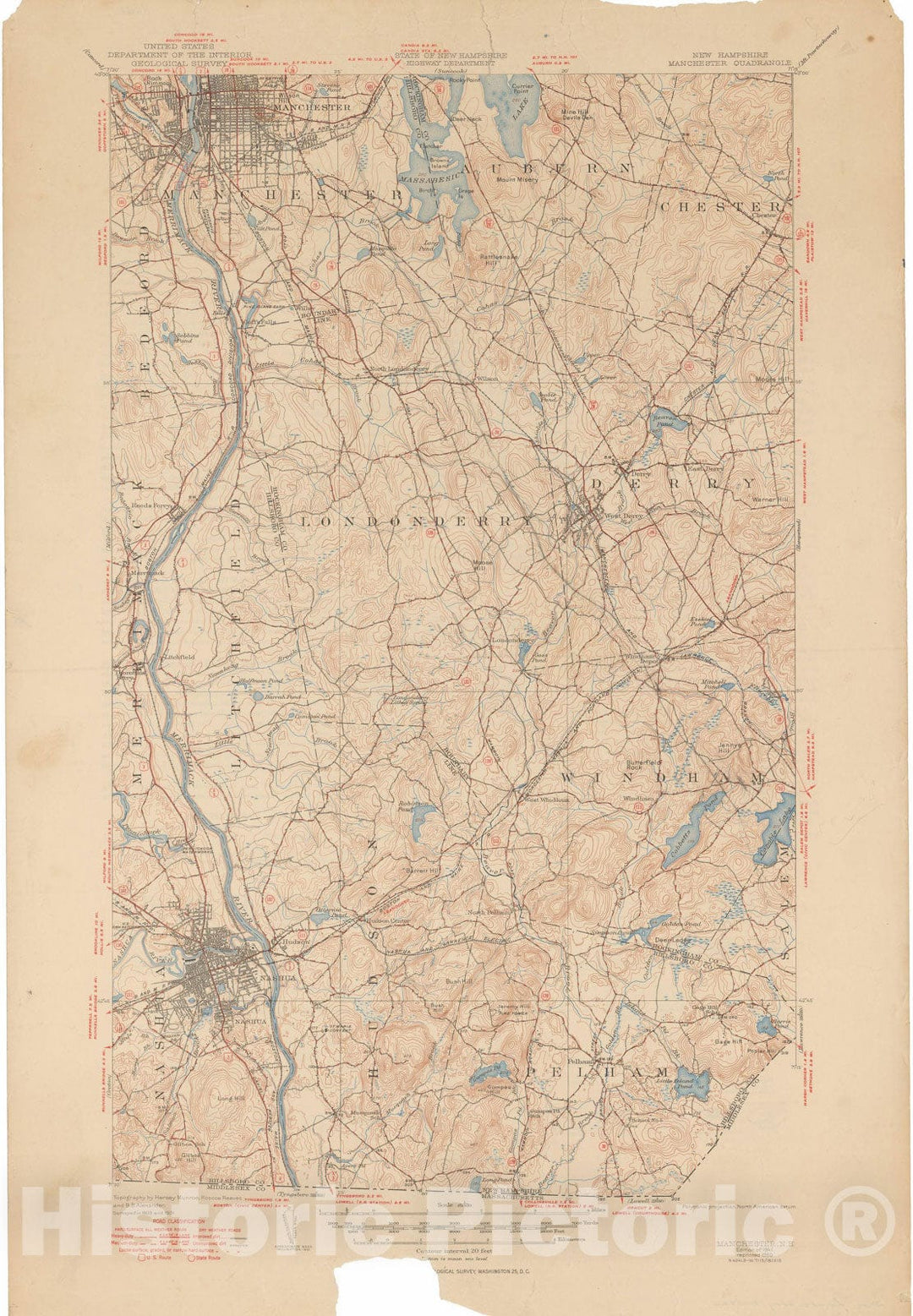 Historic Map : USGS 7.5 Minute Sheets and Quadrangles, Derry & Hudson & Londonderry & Manchester & Nashua 1950 Topographic Map , Vintage Wall Art