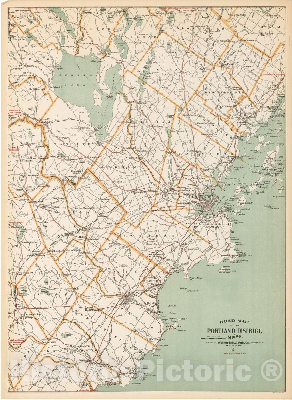 Historic Map : Road Map of The Portland District 1910 , Northeast U.S. State & City Maps , Vintage Wall Art