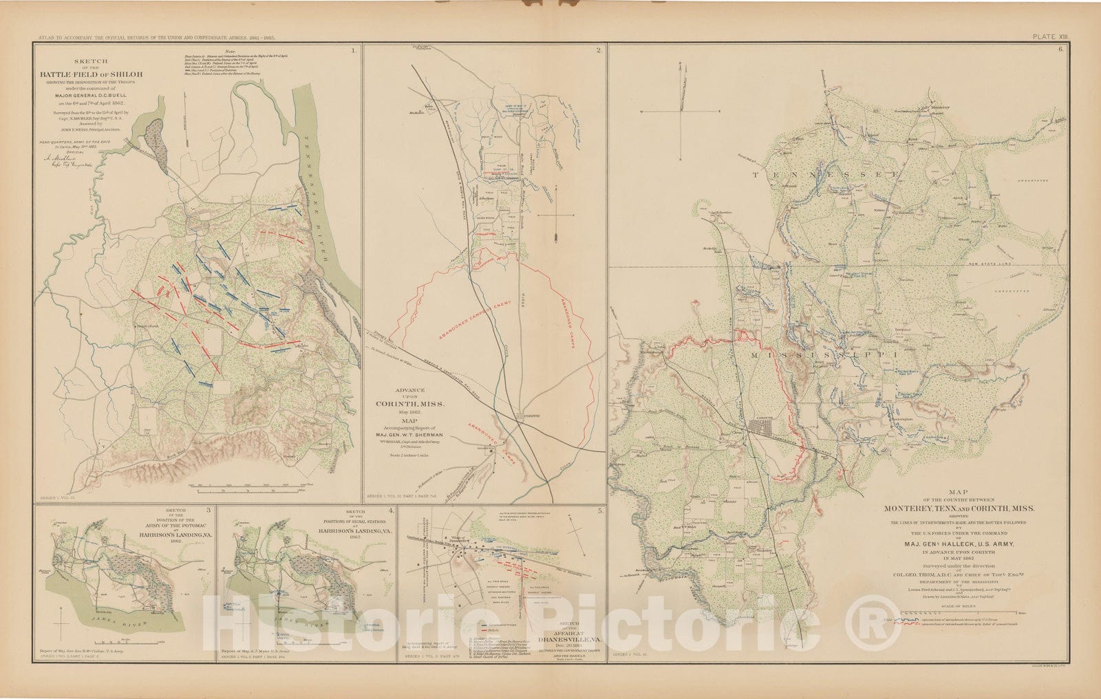 Historic Map : Civil War Atlas of the Union and Confederate Armies, Battles in MI, TN & VA 1895 , Vintage Wall Art