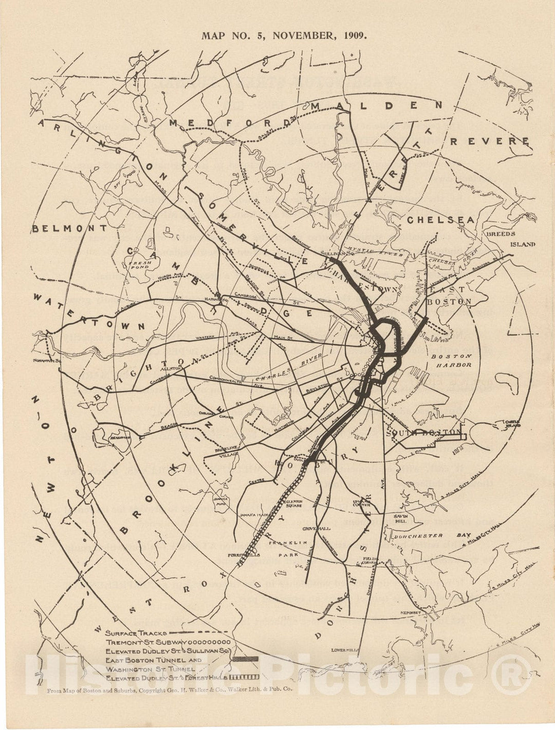 Historic Map : Boston Elevated Railway Co. Informational Maps, Map 5: System November 1909; published 1910 Transit Railroad Catography , Vintage Wall Art