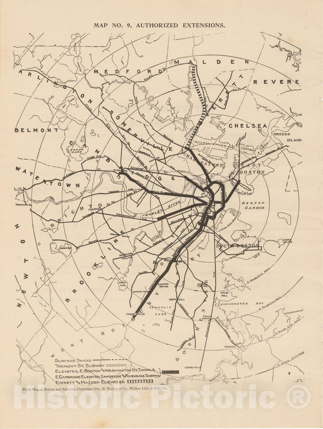 Historic Map : Boston Elevated Railway Co. Informational Maps, Map 9: Authorized Line Extensions 1910 Transit Railroad Catography , Vintage Wall Art