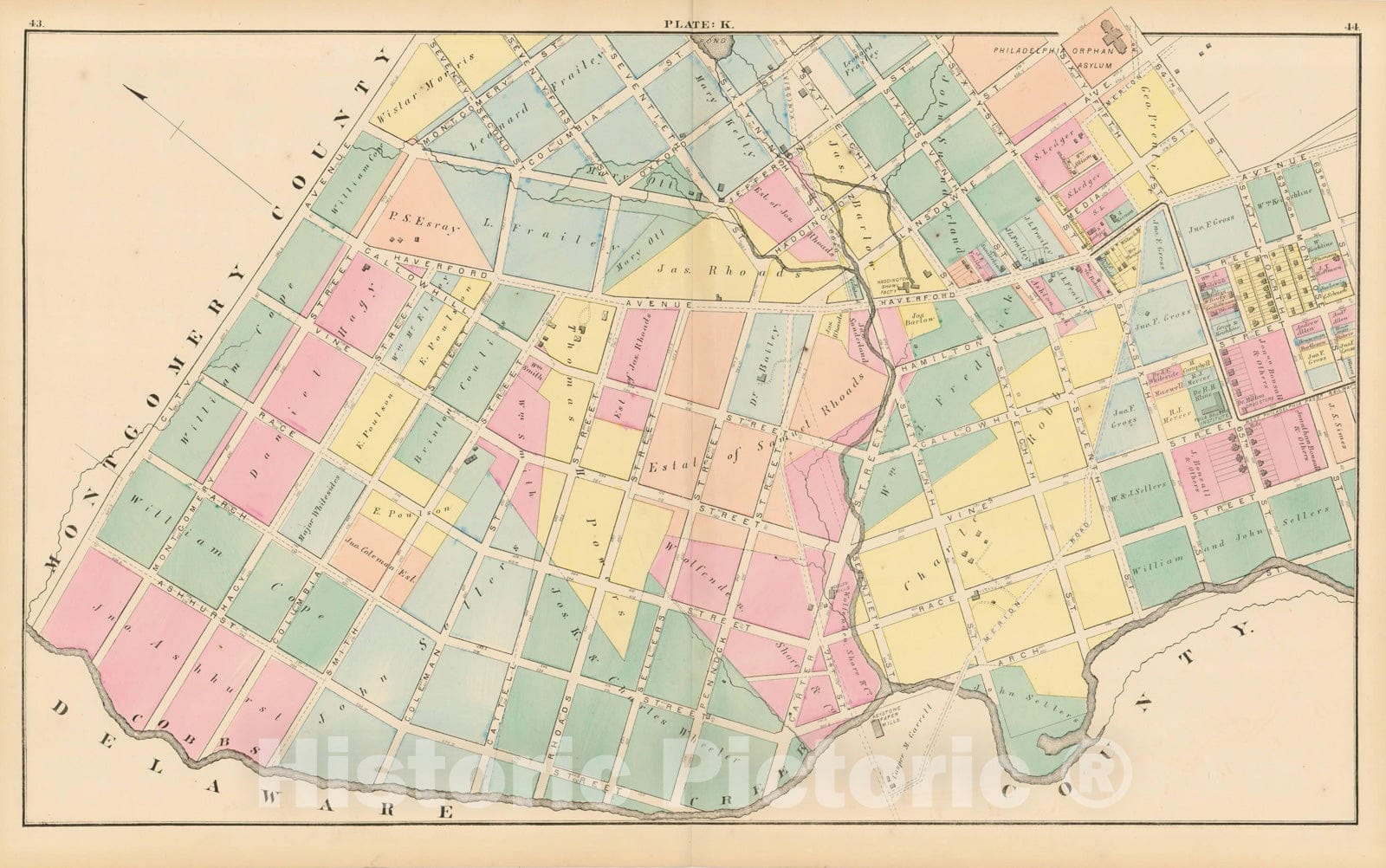 Historic Map : Atlas of West Philadelphia including the 24th & 27th Wards of the City of Philadelphia, West Philadelphia 1872 Plate K , Vintage Wall Art