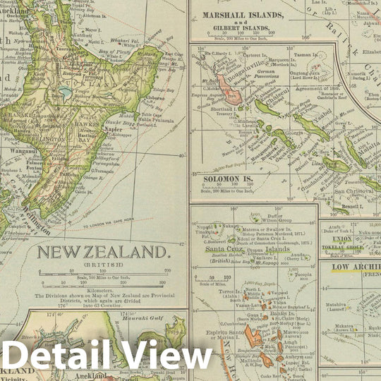 Historic Map : New Zealand & Oceania & Fiji & Solomon Islands 1914 , Century Atlas of the World, Vintage Wall Art