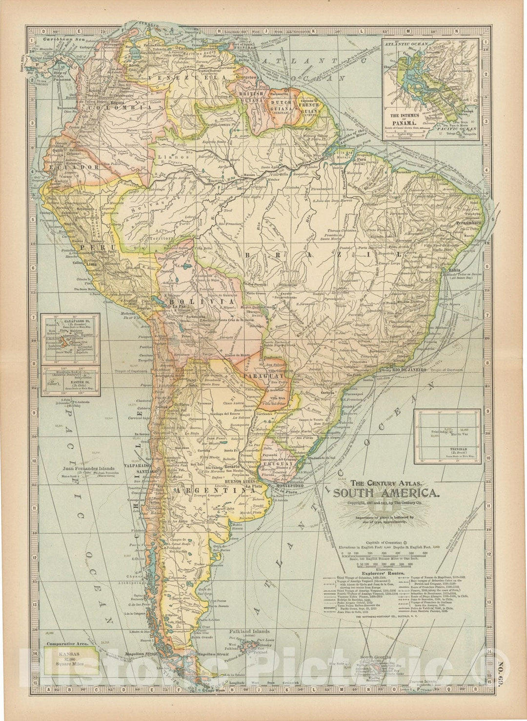 Historic Map : South America 1914 , Century Atlas of the World, Vintage Wall Art