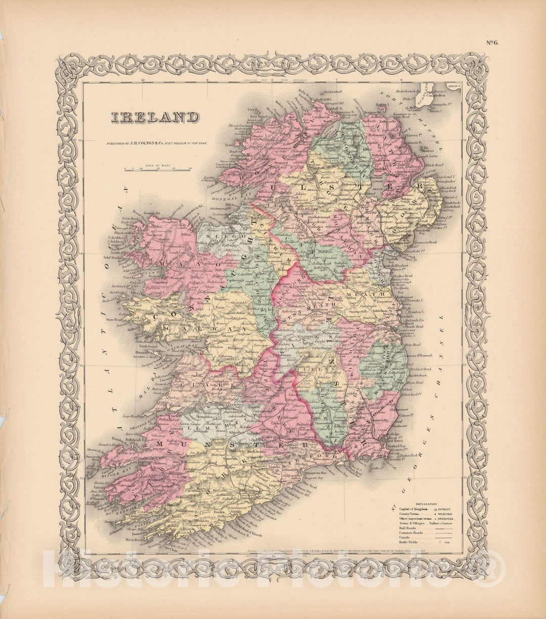 Historic Map : Ireland 1856 , Colton's Atlas World , Vintage Wall Art