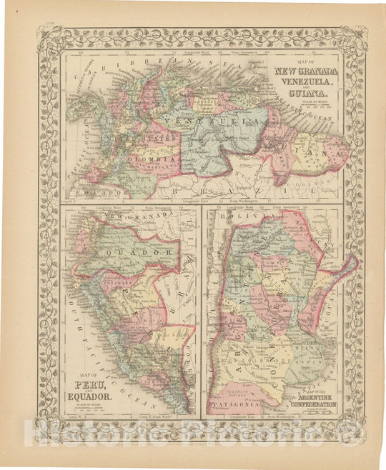 Historic Map : Venezuela & Colombia & Ecuador & Peru & Argentina & Guiana & Suriname 1882 , Mitchell's New General Atlas , Vintage Wall Art