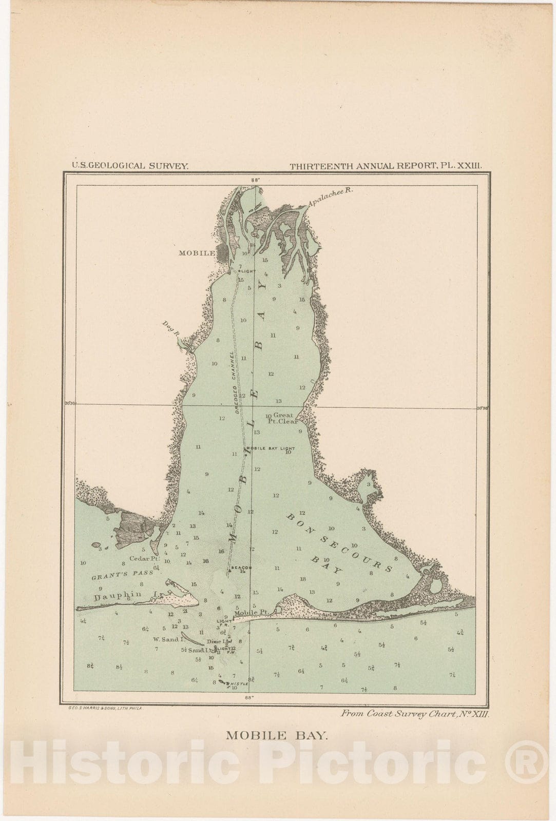 Historic Map : Mobile Bay 1893 Topographic Map , 13th Annual Report of the US Geological Survey , Vintage Wall Art