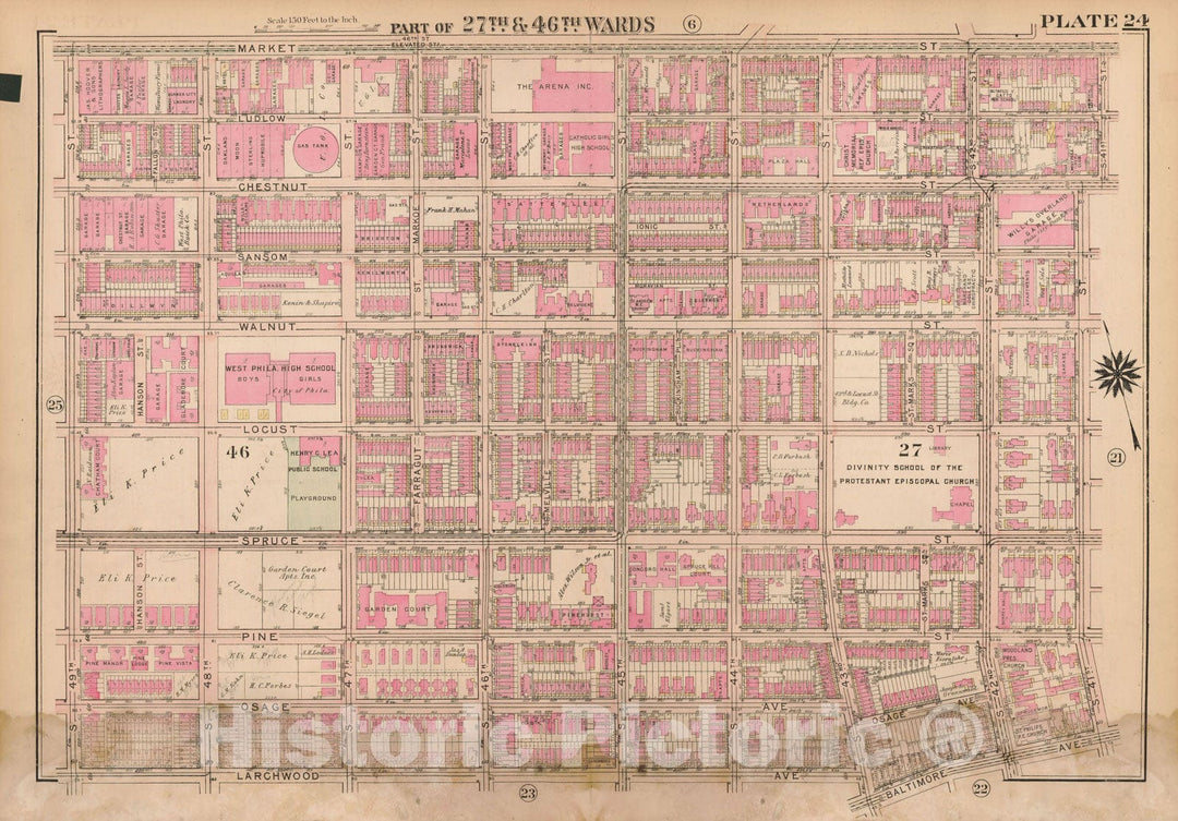 Historic Map : Atlas City of Philadelphia Wards 24,27,34,40,44&46 West Philadelphia, West Philadelphia 1927 Plate 024 , Vintage Wall Art