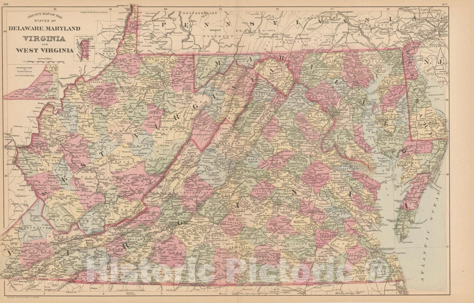 Historic Map : Delaware & Maryland & Virginia & West Virginia 1882 , Mitchell's New General Atlas , Vintage Wall Art