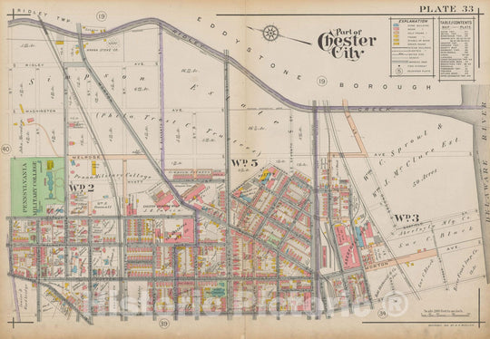 Historic Map : Atlas of Delaware County, West of Ridley Creek, Vol. Two, Chester City 1913 Plate 033 , Vintage Wall Art