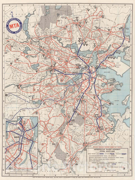 Historic Map : Greater Boston Transit Maps, Boston MTA System Route Map 1959 Railroad Catography , Vintage Wall Art