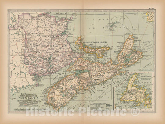 Historic Map : New Brunswick & Newfoundland & Nova Scotia & Prince Edward Island 1897 , The Century Atlas World , Vintage Wall Art