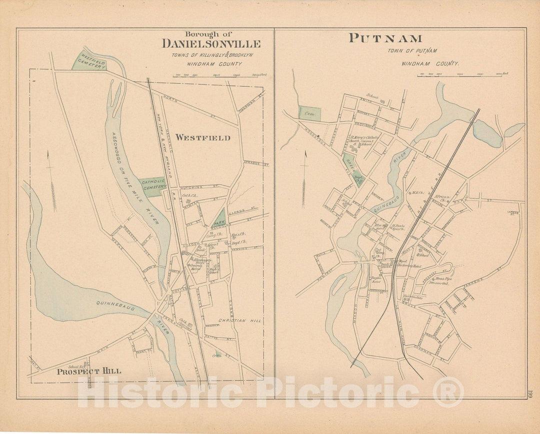 Historic Map : Brooklyn & Killingly & Putnam 1893 , Town and City Atlas State of Connecticut , Vintage Wall Art