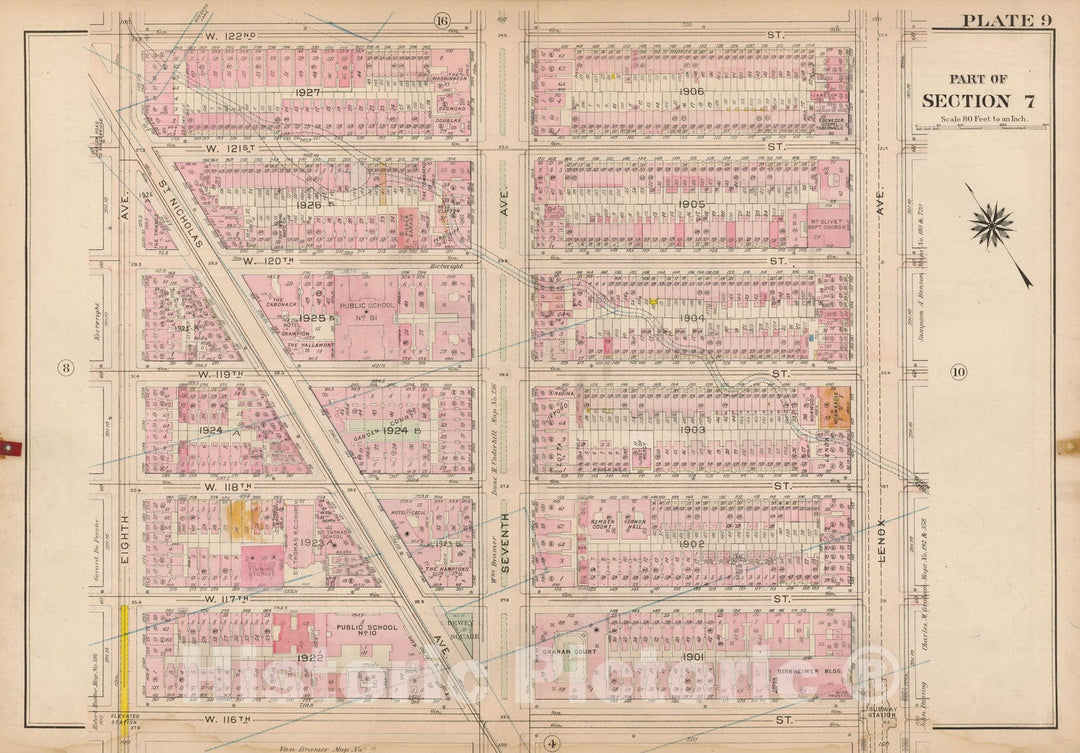 Historic Map : Atlas City of New York, Borough of Manhattan, Volume 4, 110th St to 145th St, Manhattan 1914 Plate 009 , Vintage Wall Art