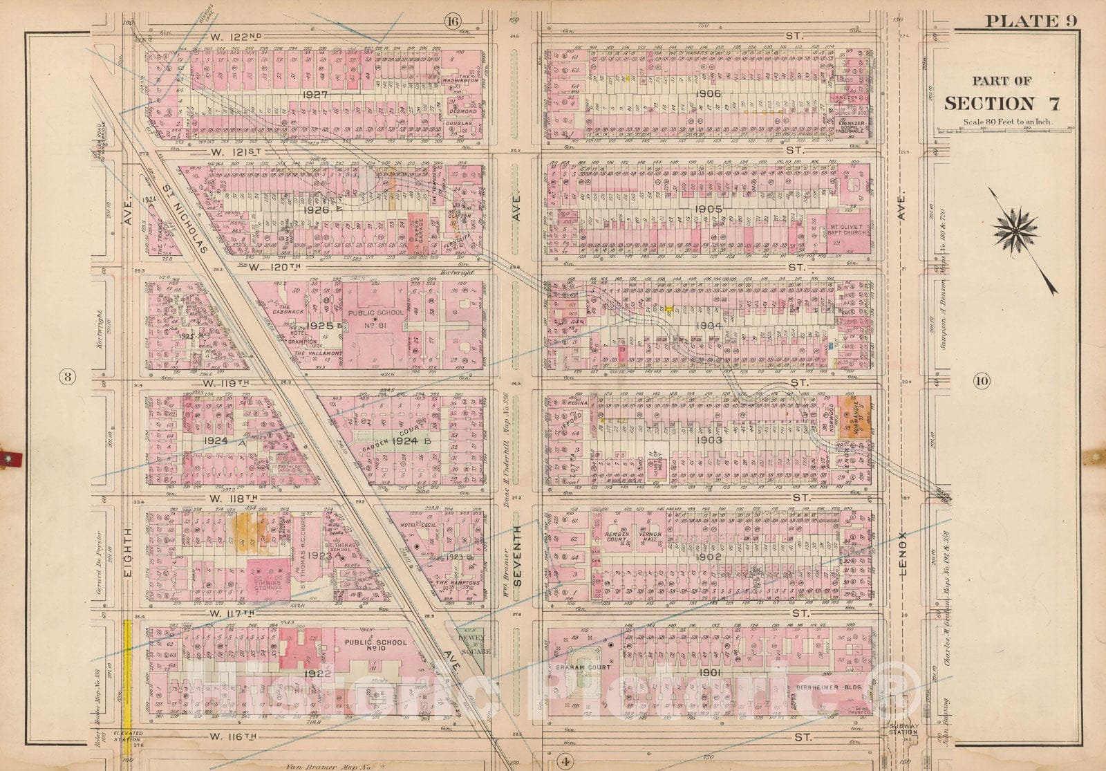 Historic Map : Atlas City of New York, Borough of Manhattan, Volume 4, 110th St to 145th St, Manhattan 1914 Plate 009 , Vintage Wall Art