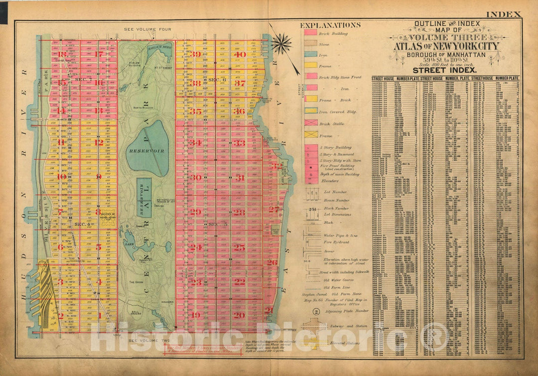 Historic Map : Atlas City of New York, Borough of Manhattan, Volume 3, 59th St to 110th St, Manhattan 1921 Index Plate , Vintage Wall Art