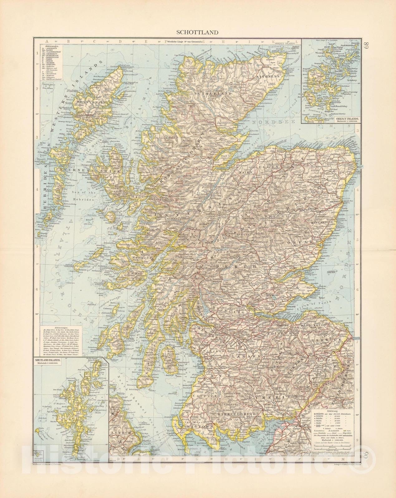 Historic Map : Scotland 1899 , Andrees Allgemeiner Handatlas , Vintage Wall Art