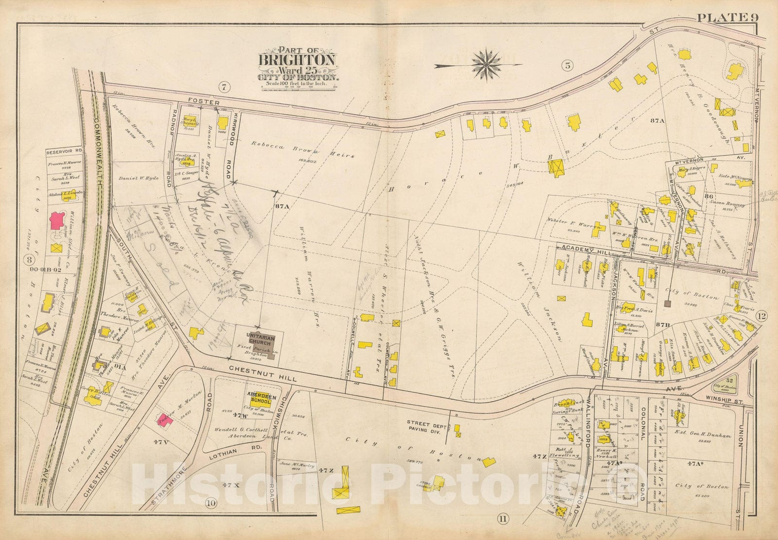 Historic Map : Atlas City of Boston Ward 25 Brighton, Brighton 1909 Plate 009 , Vintage Wall Art