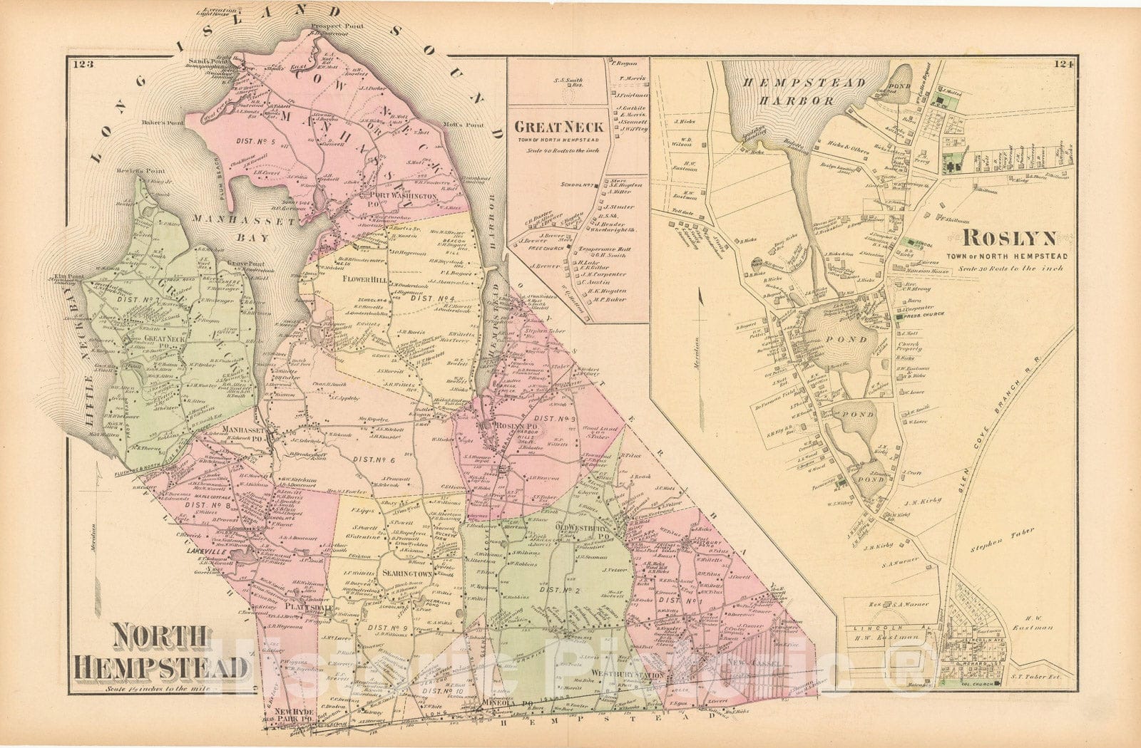 Historic Map : Atlas of Long Island, New York, North Hempstead 1873 , Vintage Wall Art