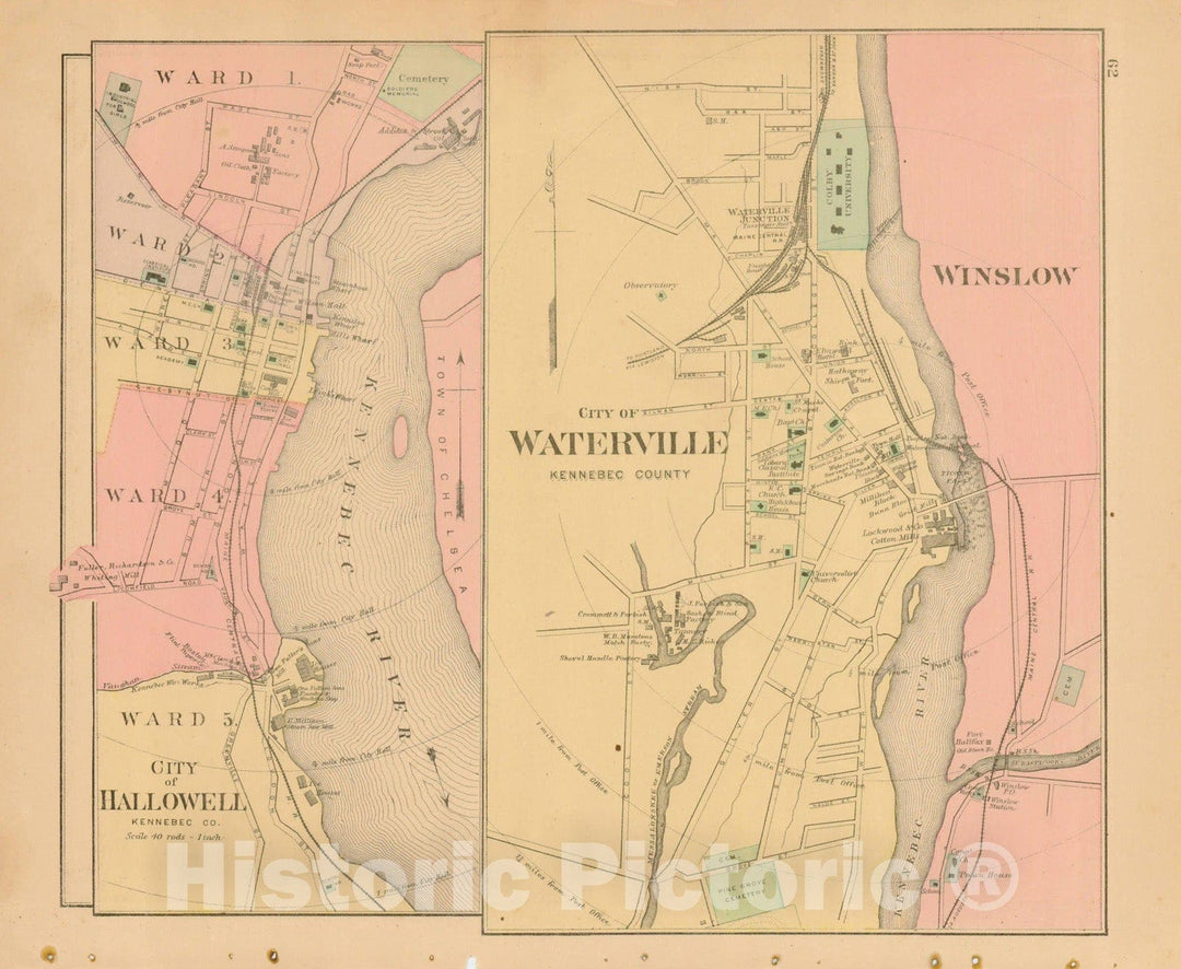 Historic Map : Atlas State of Maine, Waterville 1894-95 , Vintage Wall Art