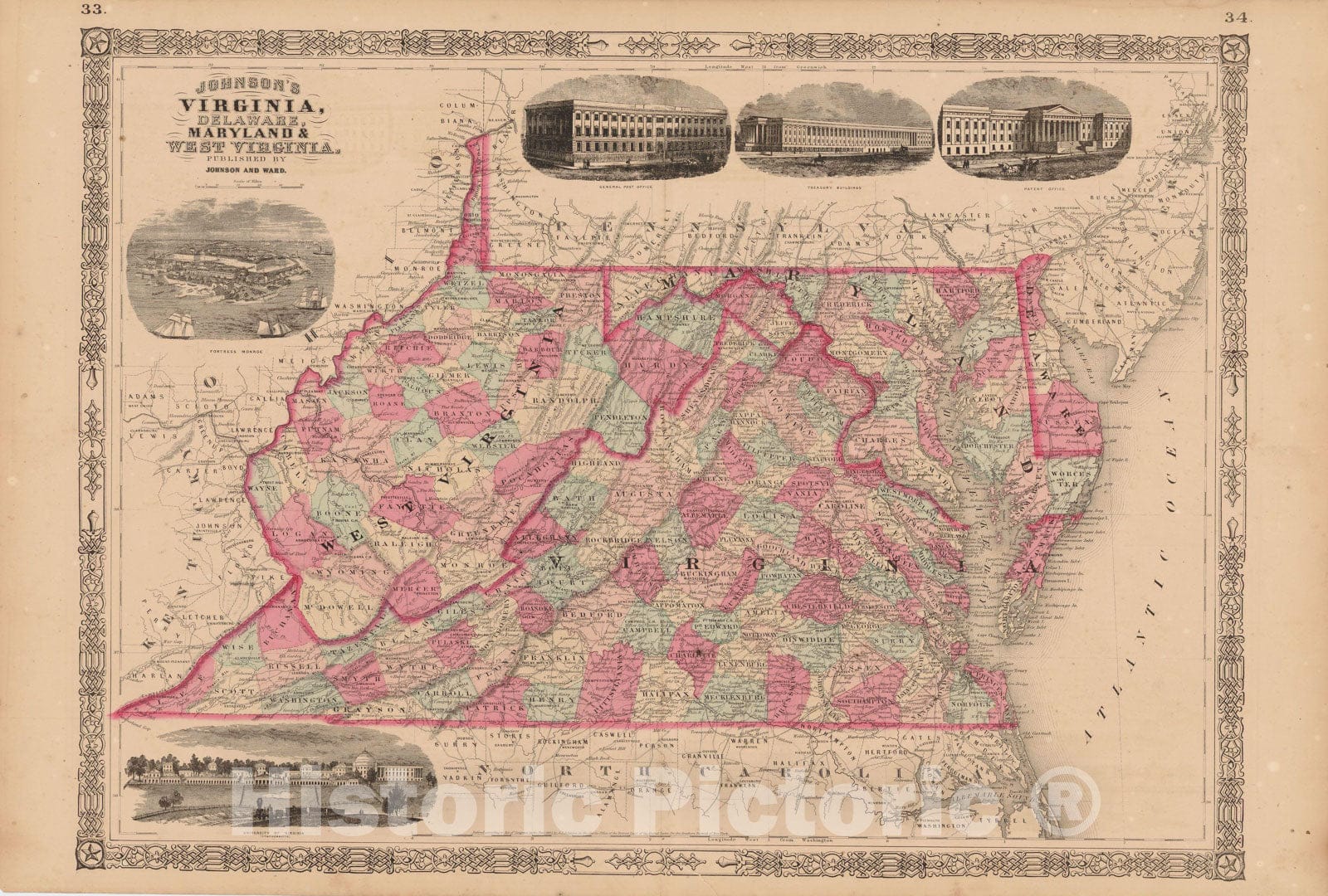 Historic Map : Delaware & Maryland & Virginia & West Virginia 1865 , Johnson's Family Atlas , Vintage Wall Art