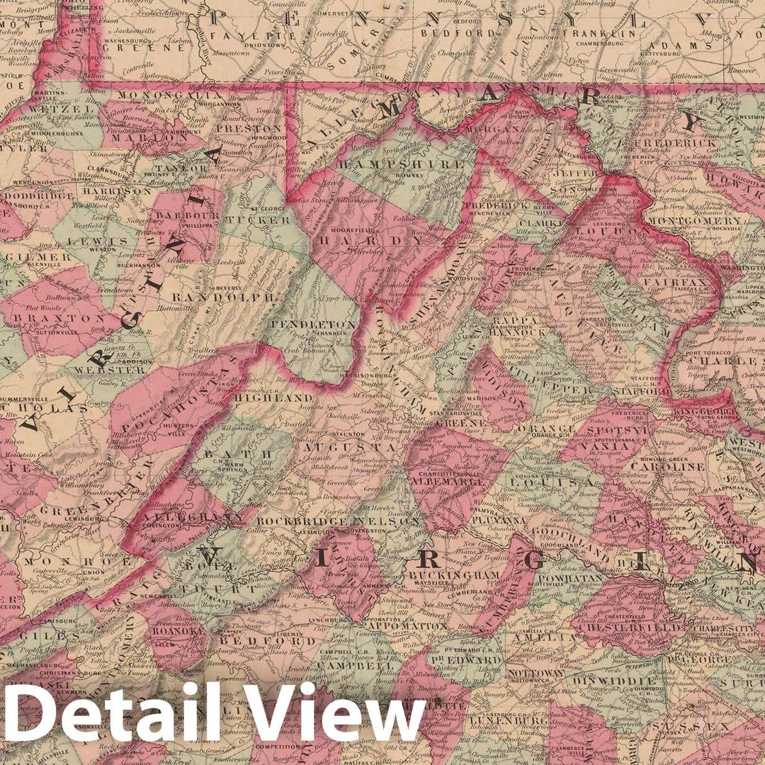 Historic Map : Delaware & Maryland & Virginia & West Virginia 1865 , Johnson's Family Atlas , Vintage Wall Art