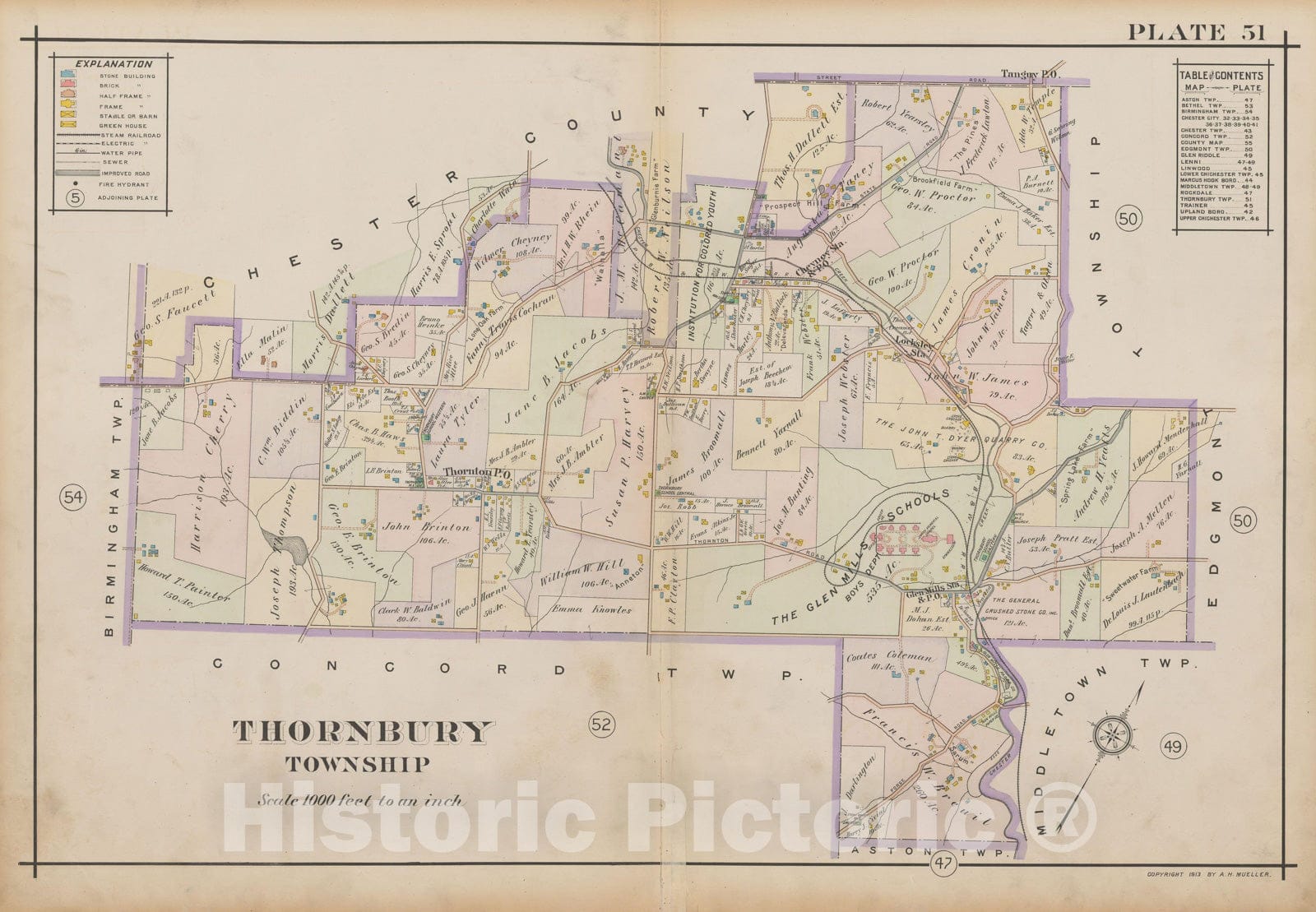 Historic Map : Atlas of Delaware County, West of Ridley Creek, Vol. Two, Thornbury 1913 Plate 051 , Vintage Wall Art