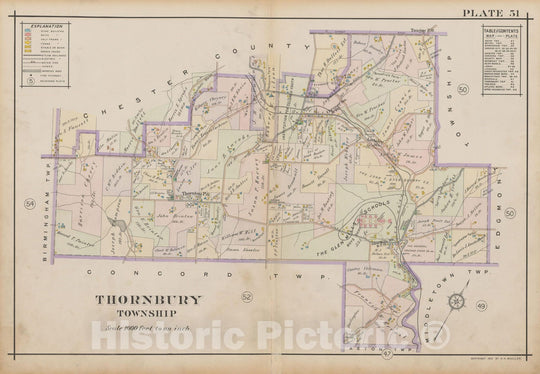 Historic Map : Atlas of Delaware County, West of Ridley Creek, Vol. Two, Thornbury 1913 Plate 051 , Vintage Wall Art