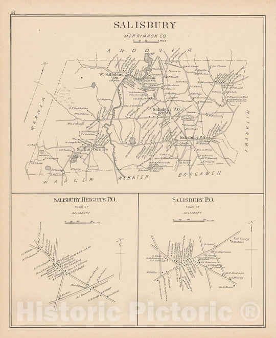 Historic Map : Salisbury 1892 , Town and City Atlas State of New Hampshire , Vintage Wall Art