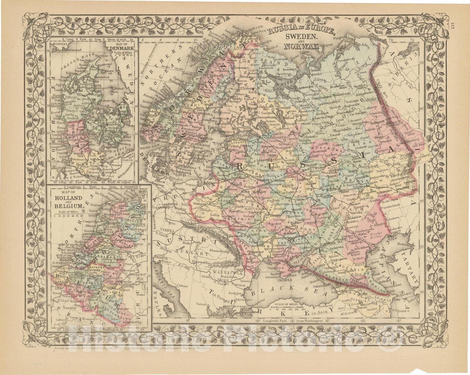 Historic Map : Russia & Norway & Sweden & Netherlands & Belgium & Denmark 1882 , Mitchell's New General Atlas , Vintage Wall Art