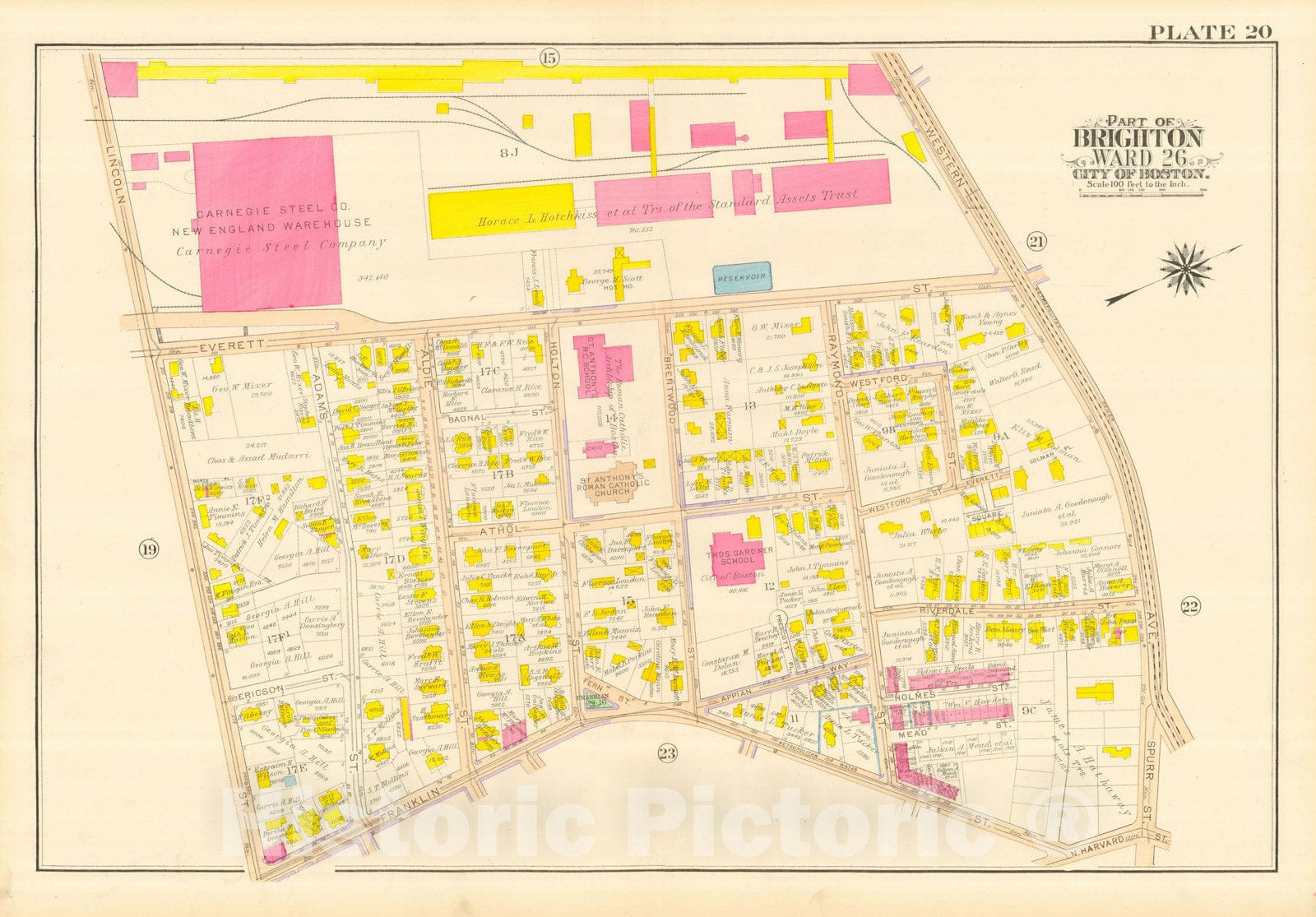 Historic Map : Atlas City of Boston, Wards 25 & 26 Brighton, Allston & Brighton 1916 Plate 020 , Vintage Wall Art