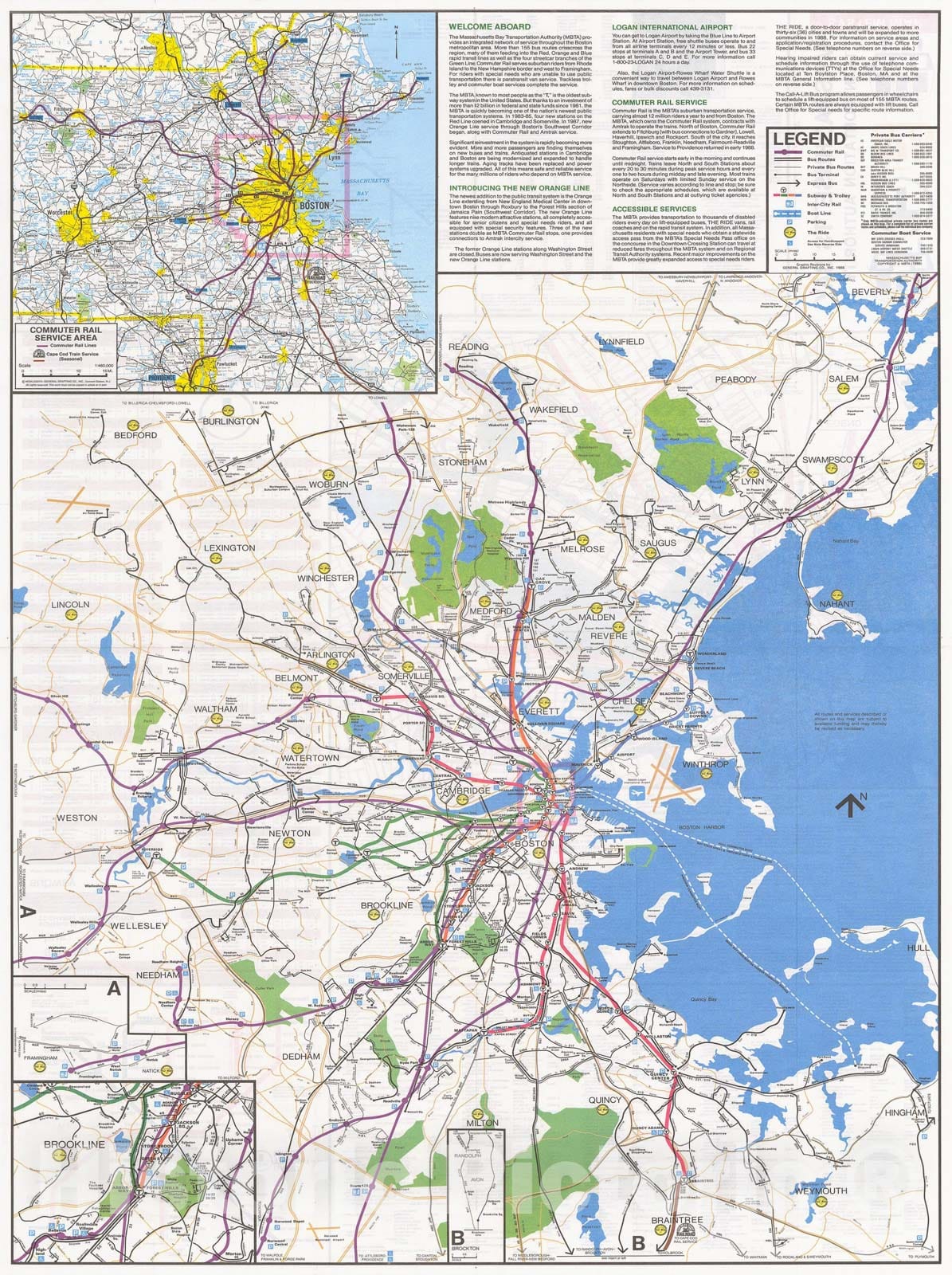 Historic Map : Greater Boston Transit Maps, MBTA System Route Map 1988 Railroad Catography , Vintage Wall Art