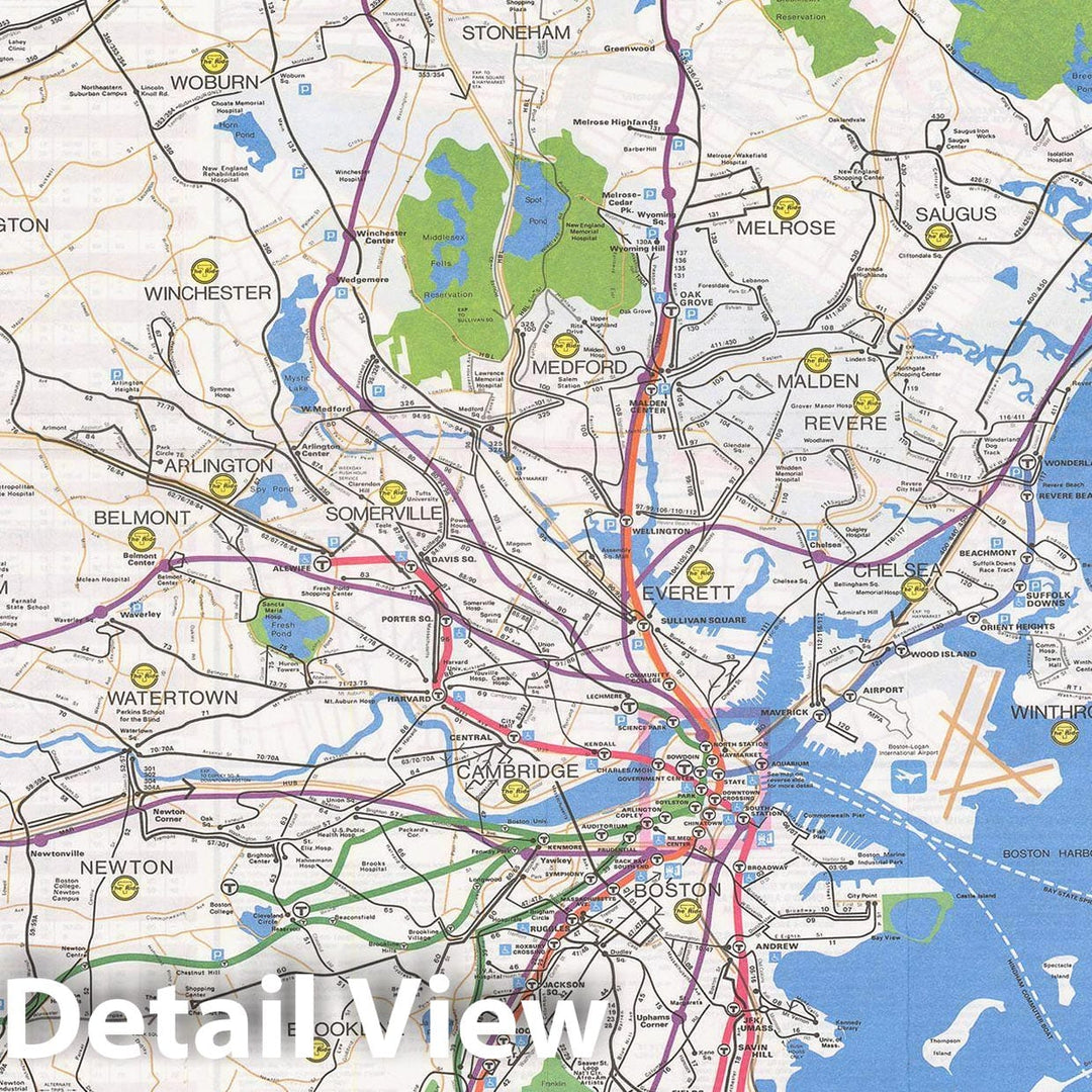 Historic Map : Greater Boston Transit Maps, MBTA System Route Map 1988 Railroad Catography , Vintage Wall Art