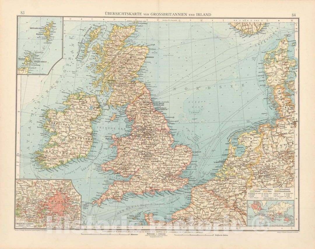 Historic Map : England & Ireland 1899 , Andrees Allgemeiner Handatlas , Vintage Wall Art