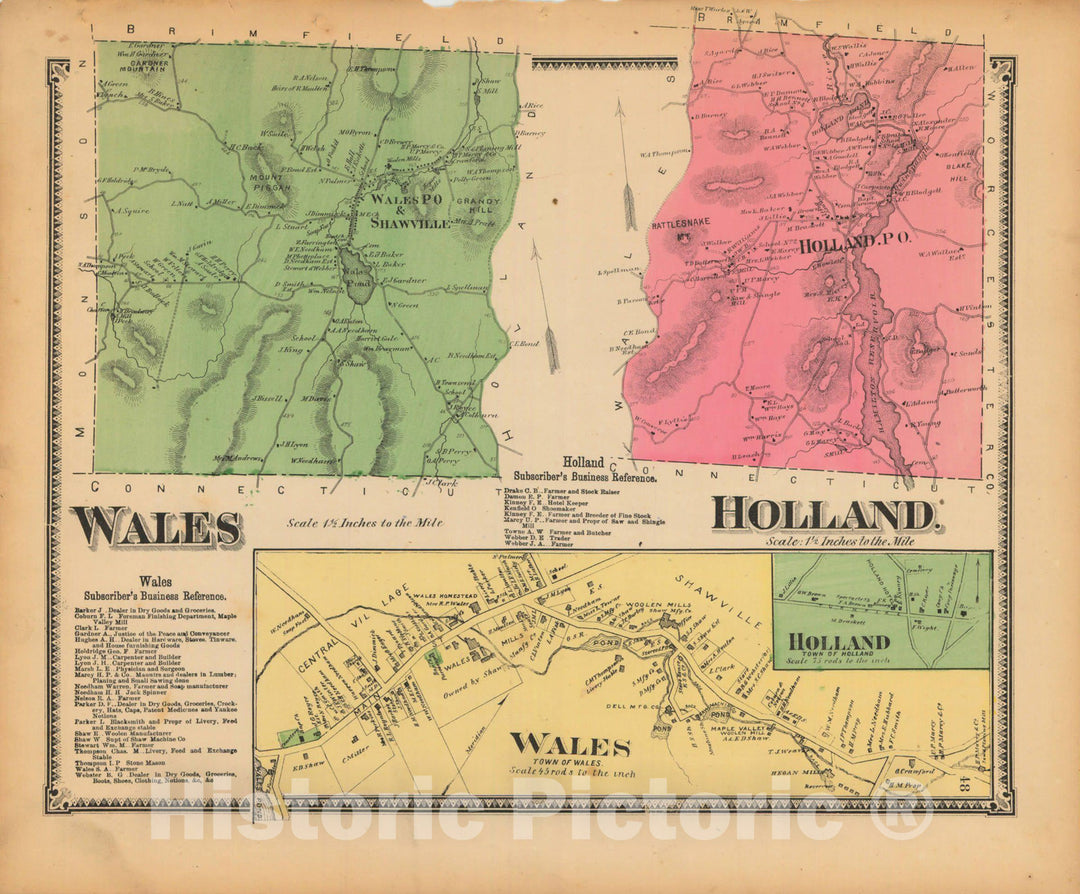 Historic Map : Atlas of Hampden County Massachusetts, Holland & Wales 1870 , Vintage Wall Art