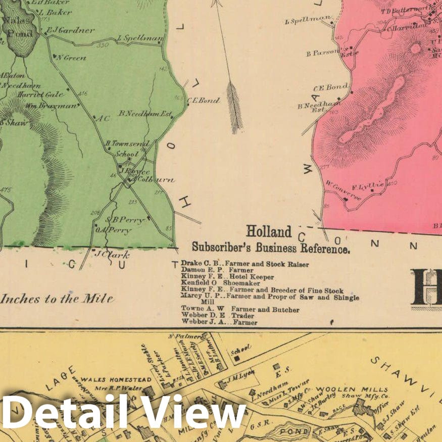 Historic Map : Atlas of Hampden County Massachusetts, Holland & Wales 1870 , Vintage Wall Art