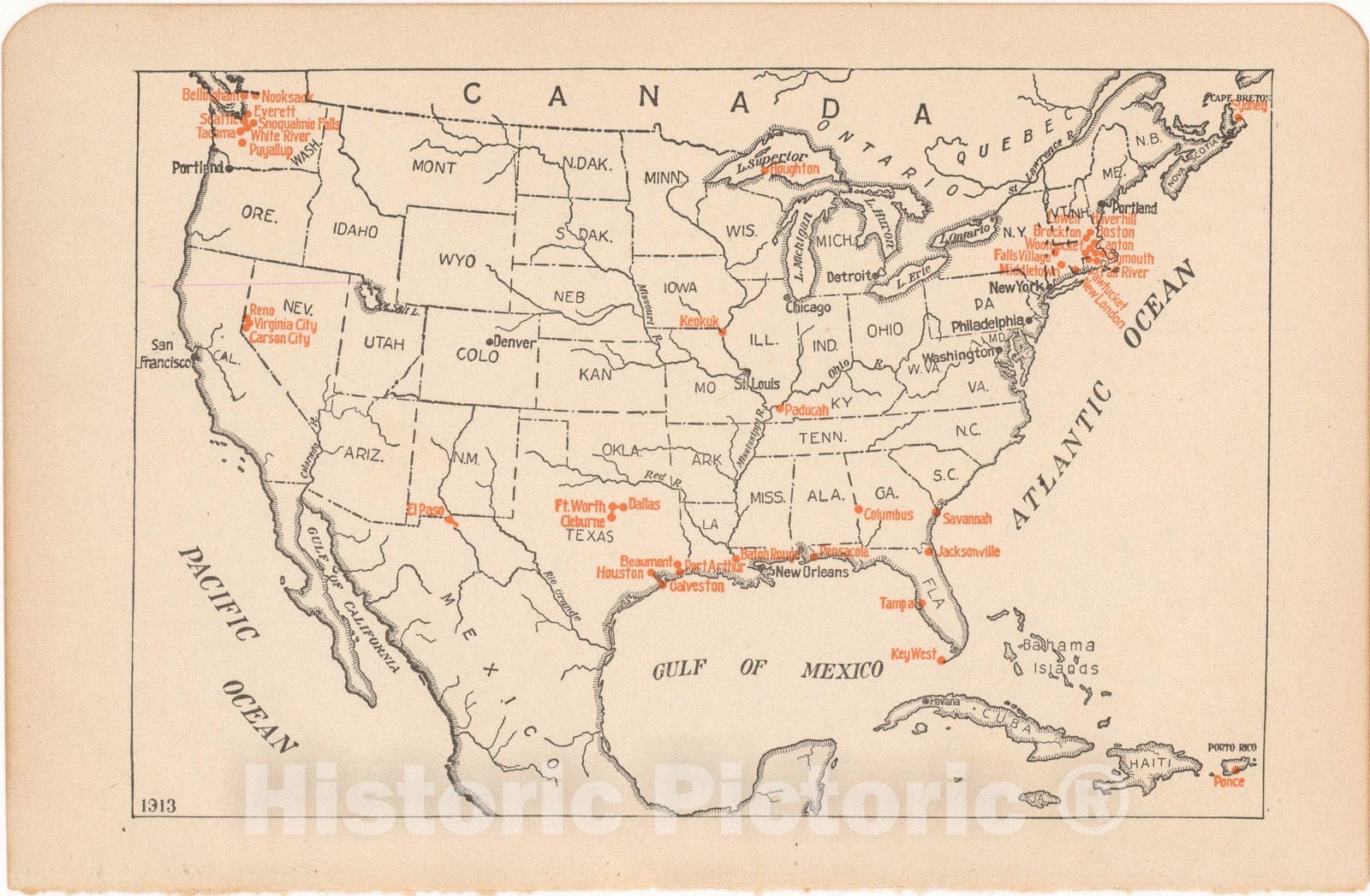 Historic Map : North America 1914 , North American Electric Power and Traction Companies , Vintage Wall Art