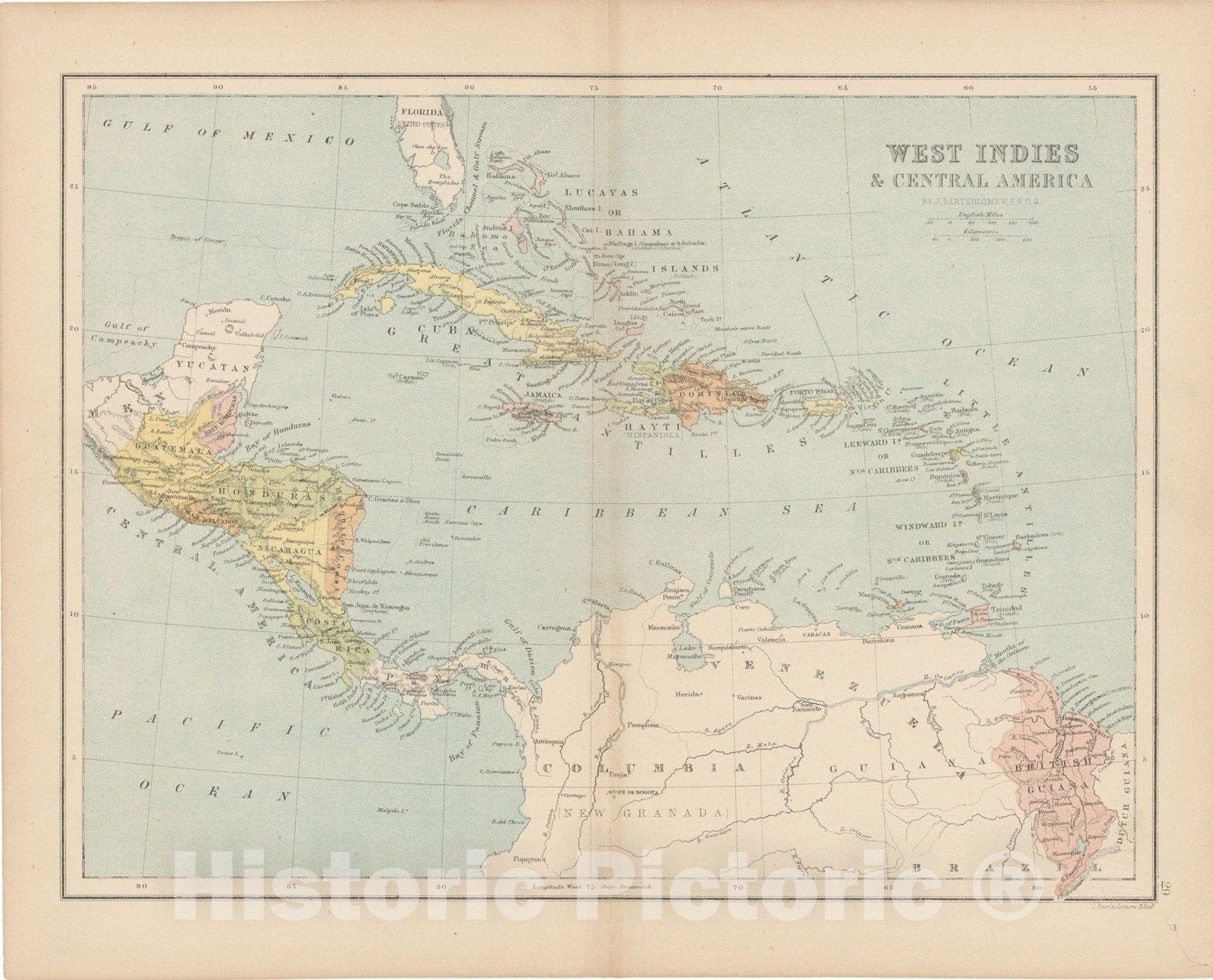 Historic Map : Central America and the West Indies 1875 , Student Atlas of Modern Geography , Vintage Wall Art