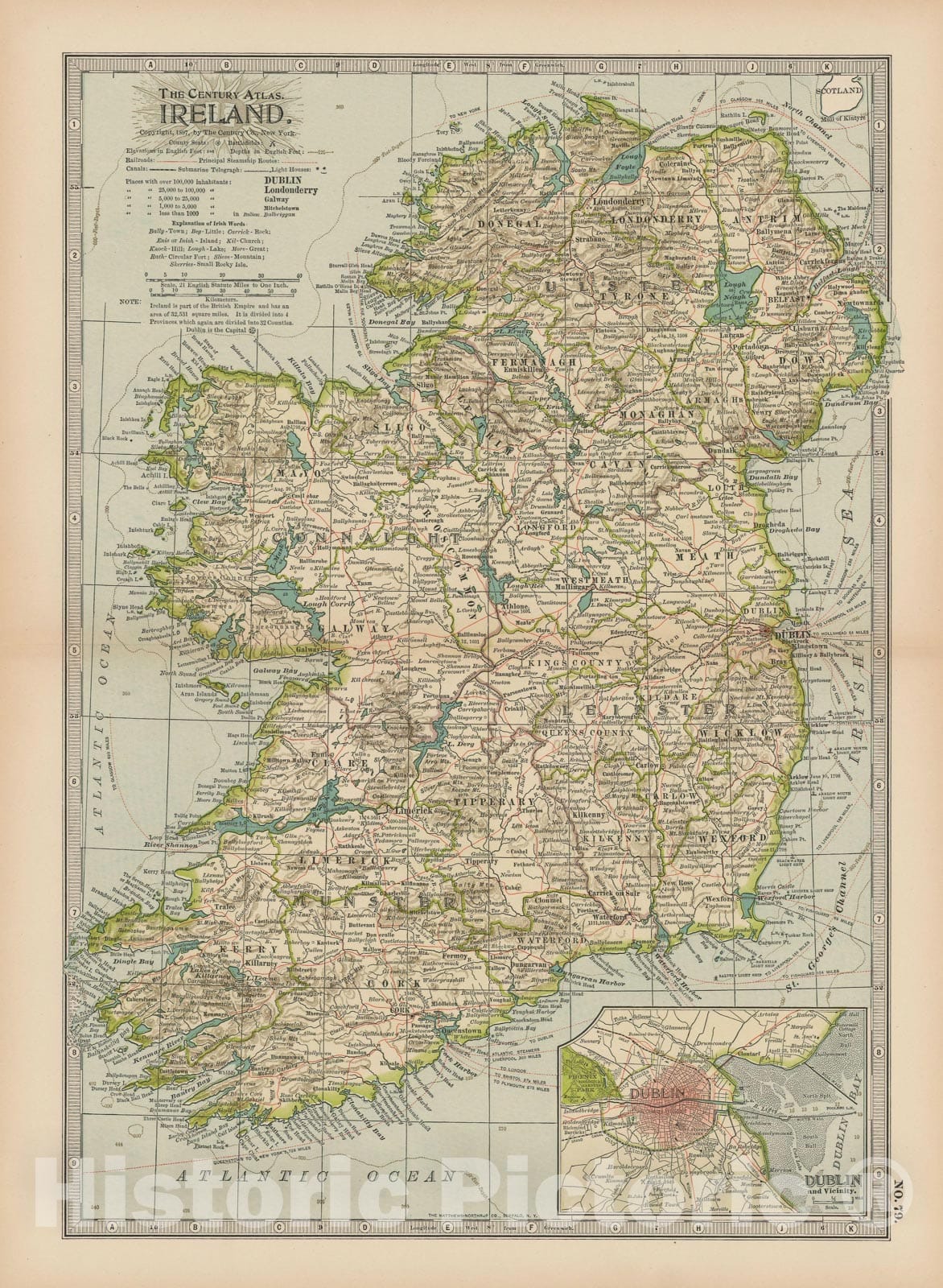 Historic Map : Ireland 1897 , The Century Atlas World , Vintage Wall Art