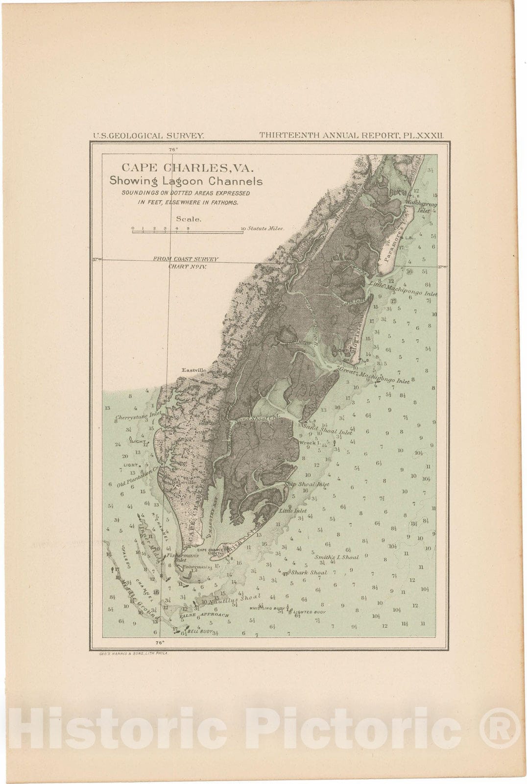 Historic Map : Cape Charles 1893 Topographic Map , 13th Annual Report of the US Geological Survey , Vintage Wall Art