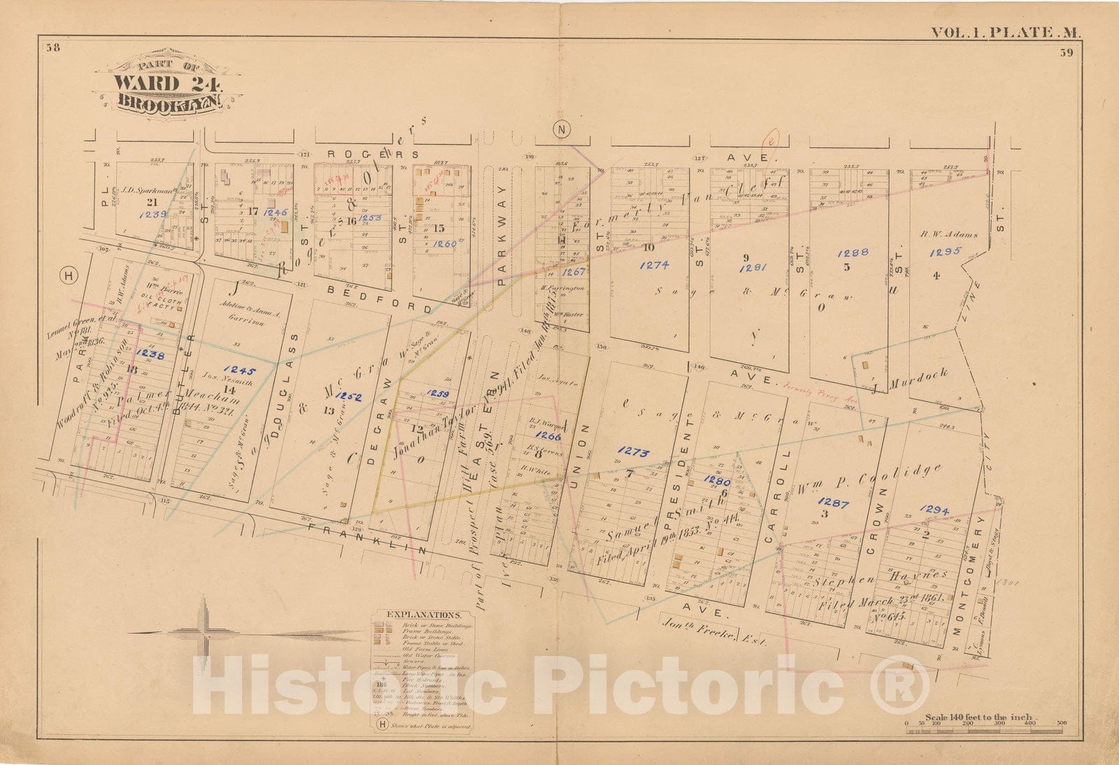 Historic Map : Atlas of Brooklyn Vol. 1, Brooklyn 1880 Plate M , Vintage Wall Art