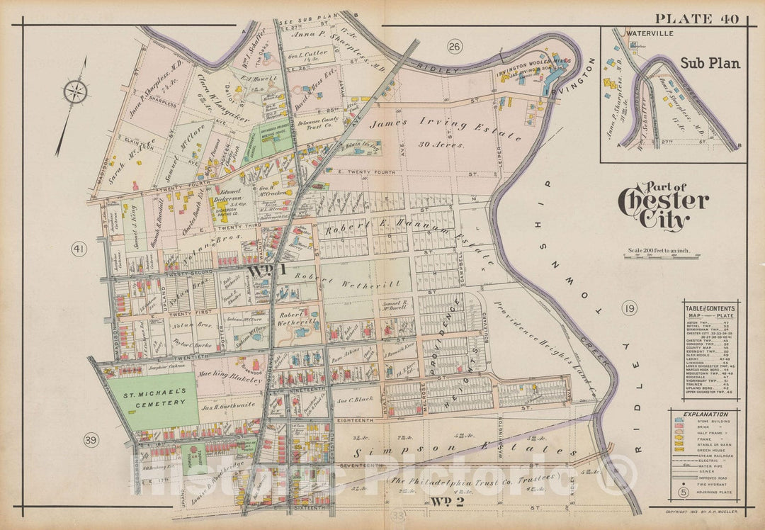 Historic Map : Atlas of Delaware County, West of Ridley Creek, Vol. Two, Chester City 1913 Plate 040 , Vintage Wall Art