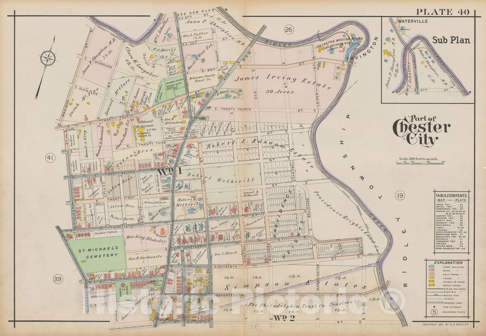 Historic Map : Atlas of Delaware County, West of Ridley Creek, Vol. Two, Chester City 1913 Plate 040 , Vintage Wall Art