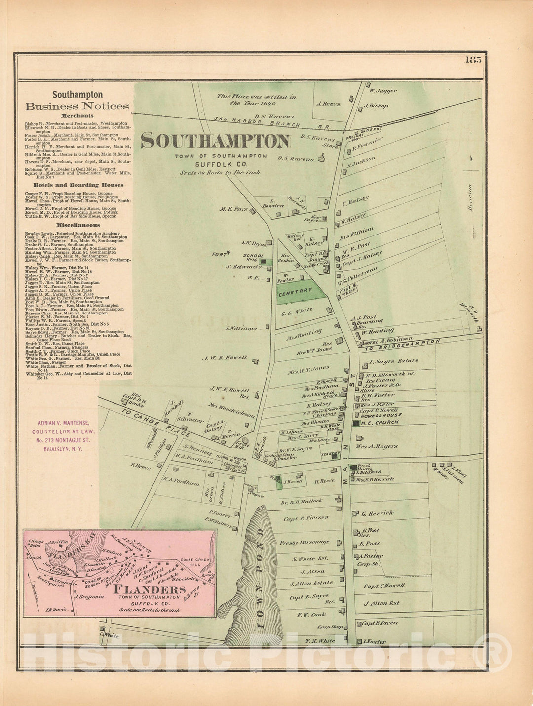 Historic Map : Atlas of Long Island, New York, South Hampton 1873 , Vintage Wall Art