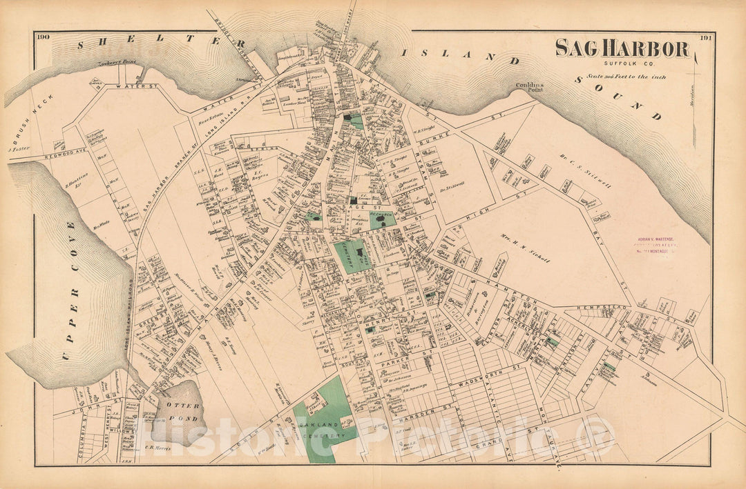 Historic Map : Atlas of Long Island, New York, Sag Harbor 1873 , Vintage Wall Art