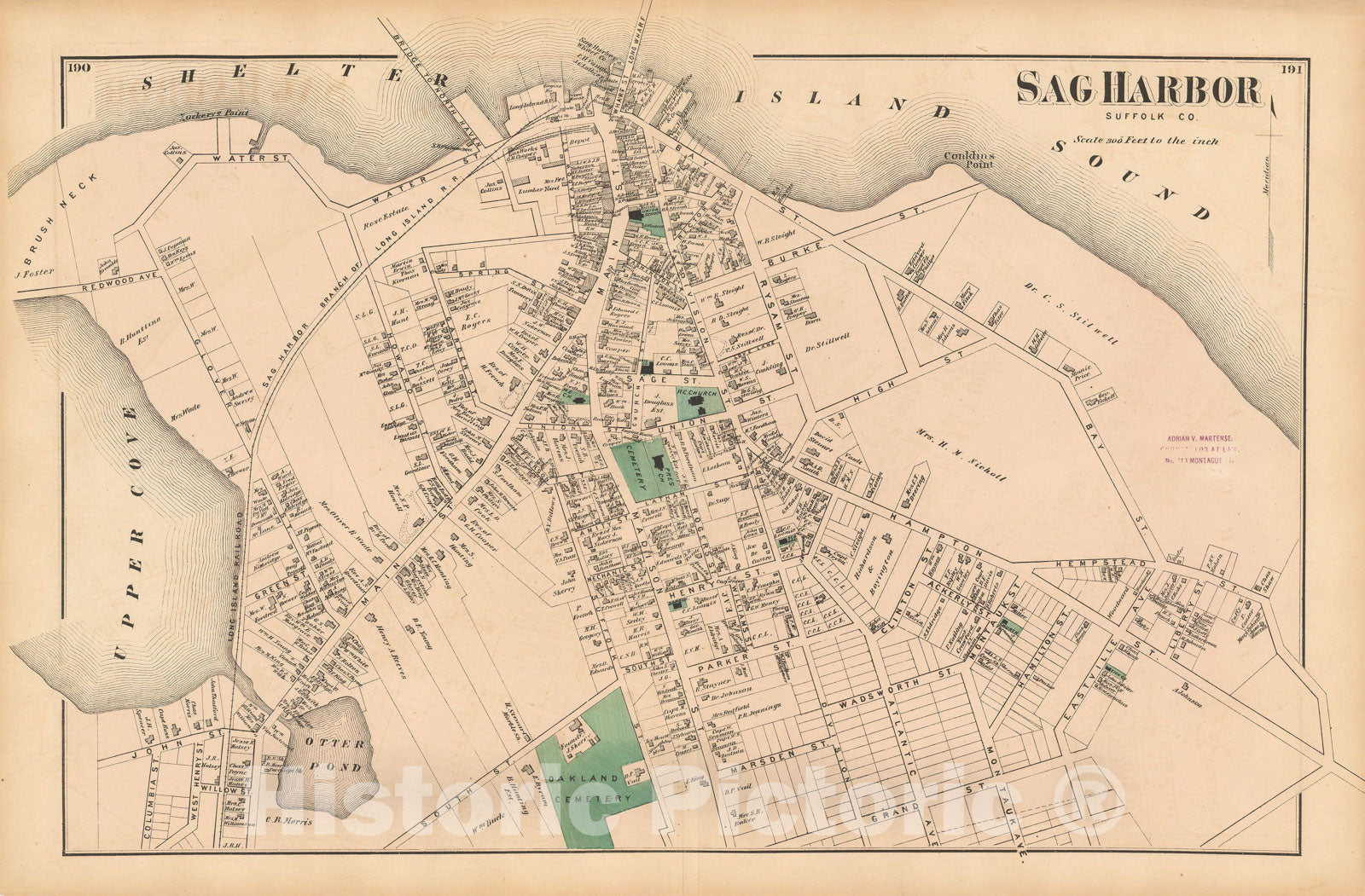 Historic Map : Atlas of Long Island, New York, Sag Harbor 1873 , Vintage Wall Art