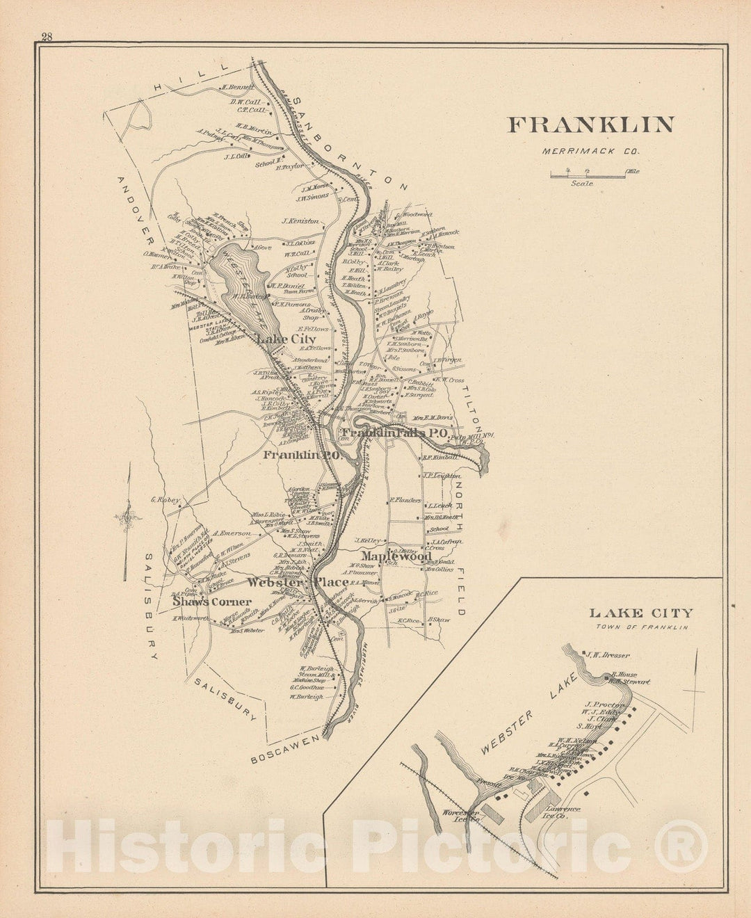 Historic Map : Franklin 1892 , Town and City Atlas State of New Hampshire , Vintage Wall Art