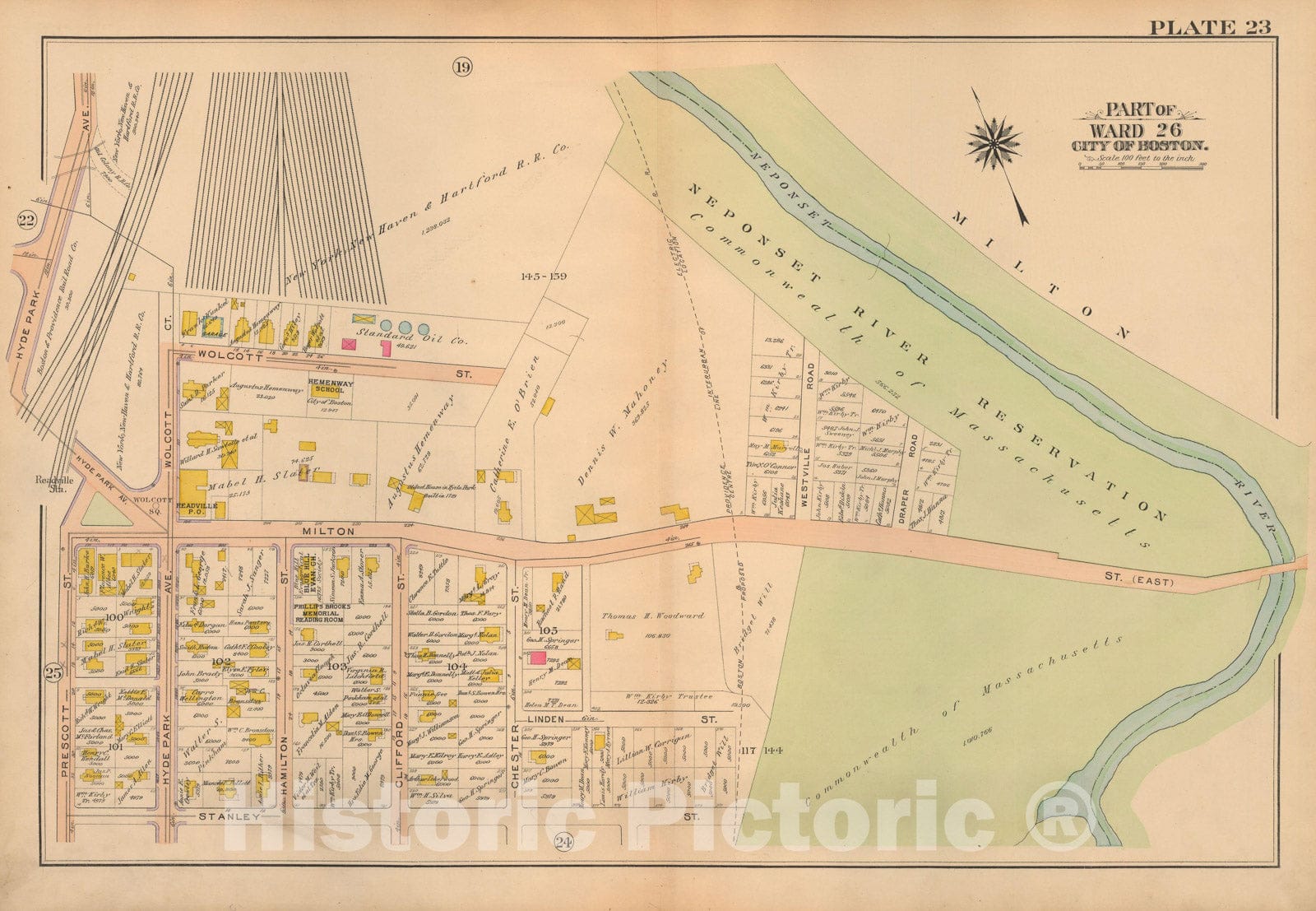 Historic Map : Atlas City of Boston Ward 26 Hyde Park, Hyde Park 1912 Plate 023 , Vintage Wall Art